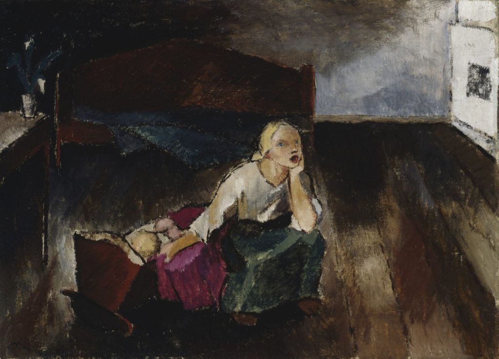 Nuori tyttö istuu kehdon ääressä ja laulaa tuutulaulua pienokaiselle. Maalauksessa on tummat ja synkät värit.