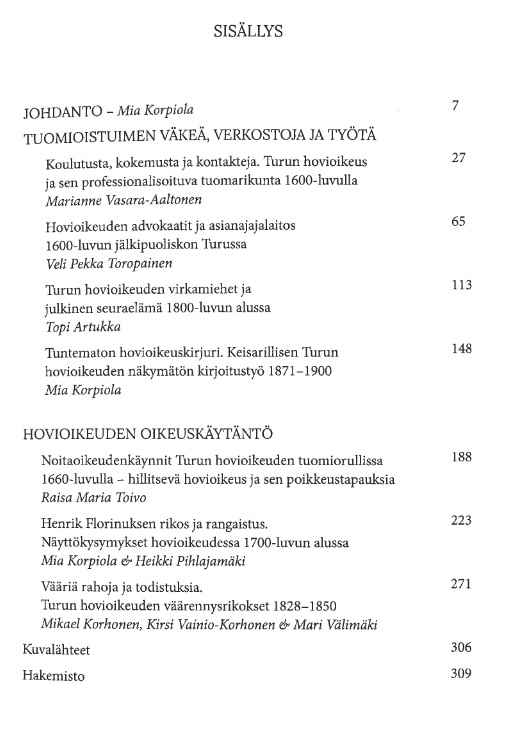 Turun hovioikeus 1623-1900 -kirjan sisällys.