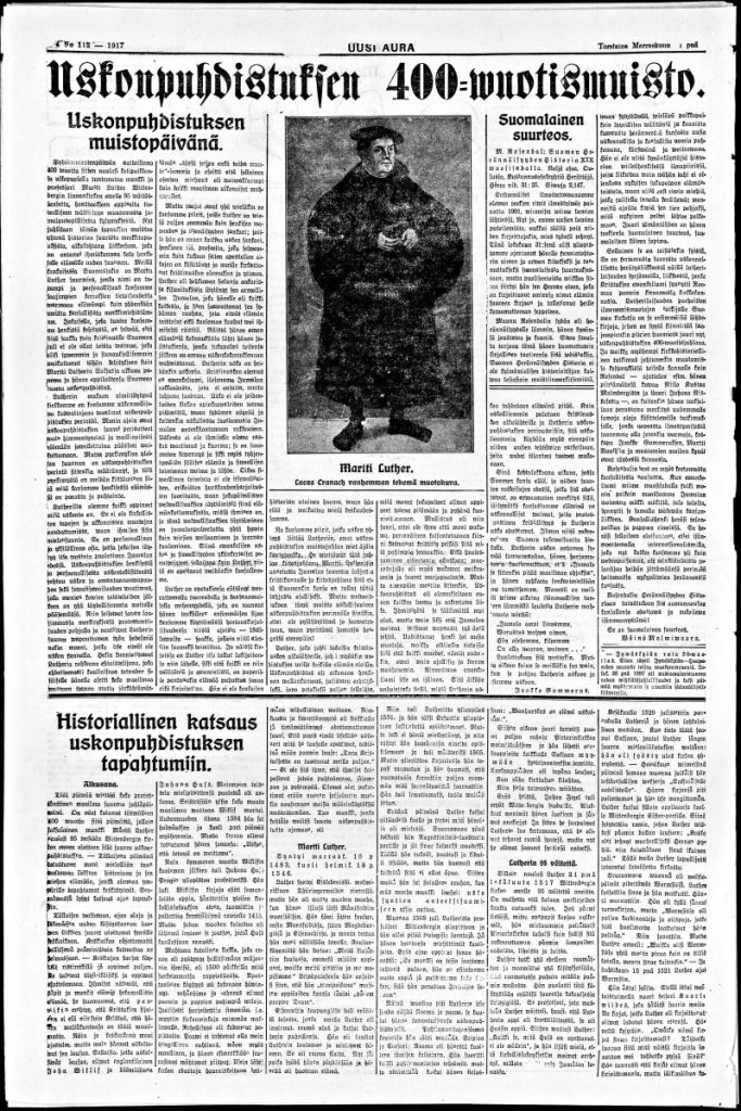 Sanomalehden sivulla on mm. kuva Martti Lutherista ja otsikot "Uskonpuhdistuksen muistopäivänä" ja "Historiallinen katsaus uskonpuhdistuksen tapahtumiin".