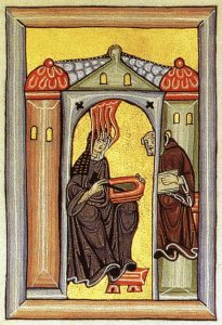 Hildegard von Bingen ja hänen miesohjaajansa. Miniatur aus dem Rupertsberger Codex des Liber Scivias., Public Domain, https://commons.wikimedia.org/w/index.php?curid=1718595