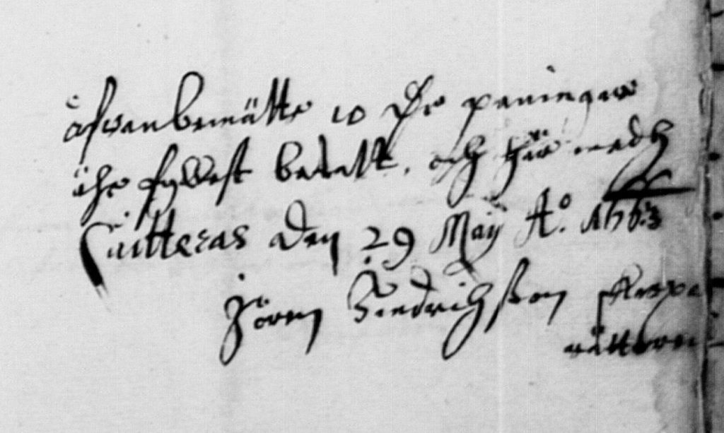 Henrik Bertilsson erosi virasta vuonna 1663 ja hänen tilalleen valittiin hänen poikansa Jöran Henriksson, joka tässä kuittaa saaneensa palkkanaan kymmenen hopeataalaria suorittamastaan teloituksesta. Kansallisarkisto, Läänintilit 7289, 981. Turun läänin tositekirja 1663.