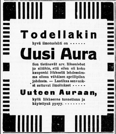 Kuvassa on grafiikalla ympäröity tekstistä koostuva mainos, joka kehuu julkaisevaa lehteä ilmoituskanavana.