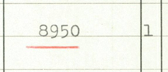 Paperia, jolla vaaka- ja pystysuoria riviviivoja ja luku 8950. Tämän luvun oikealla puolella luku 1.