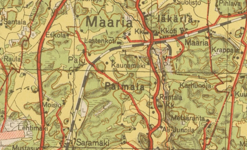 Karttaote Maarian ja Saramäen väliseltä rautatieosuudelta, johon on merkitty Pajun seisake tekstillä Paju.