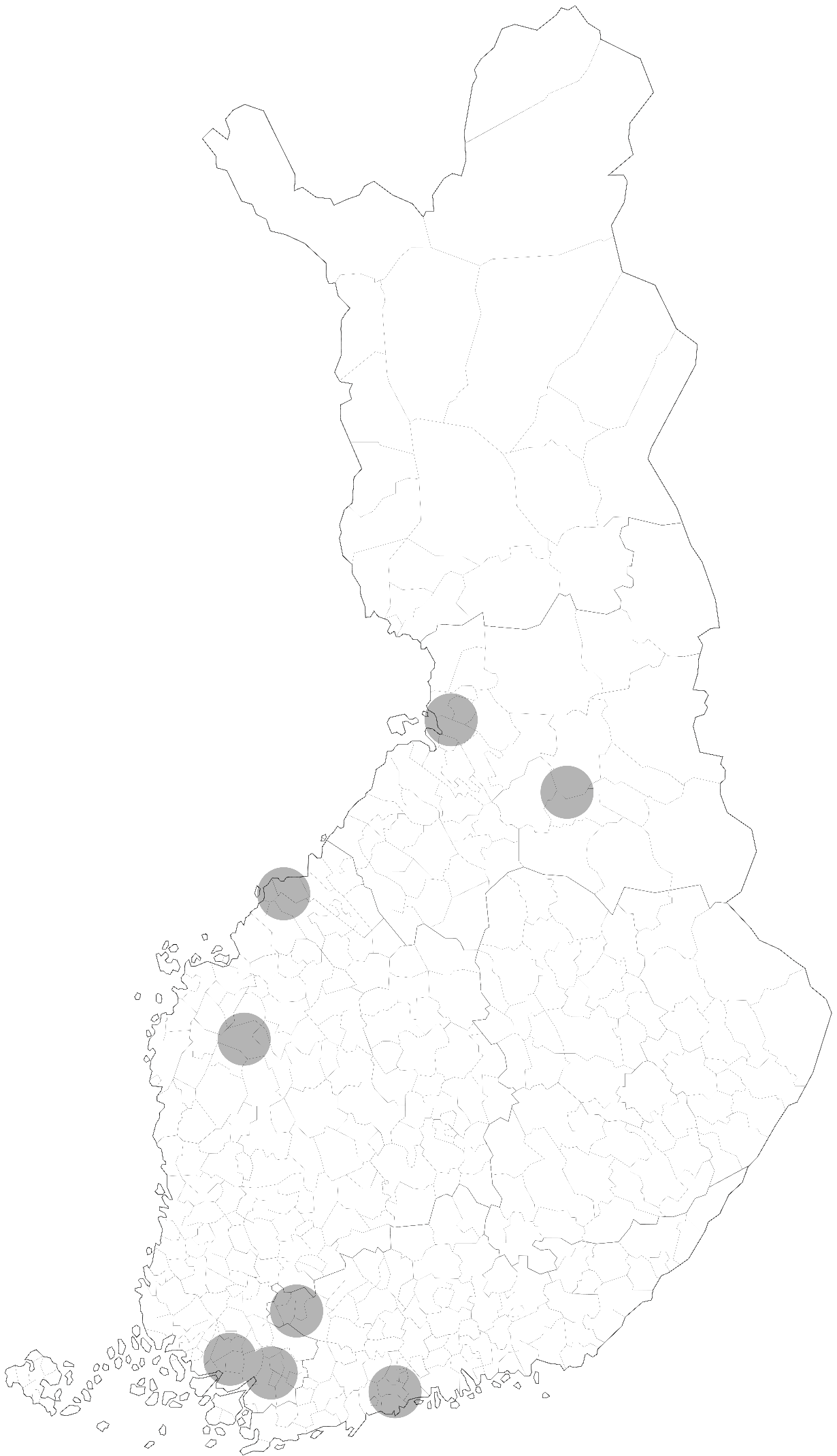 Suomen kartta johon on merkitty useita paikkakuntia harmaalla kehällä