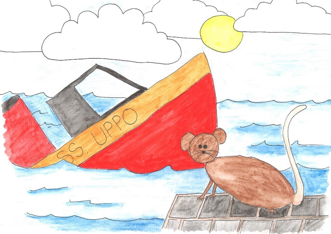 Piirroskuvassa uppava laiva ja rotta laiturilla. Laivan kyljessä teksti "SS. UPPO"