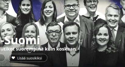 Kuvakaappaus Yle Areenan Politiikka-Suomi -sivulta, kuvassa suomalaisia poliitikkoja ja sarjan nimi.